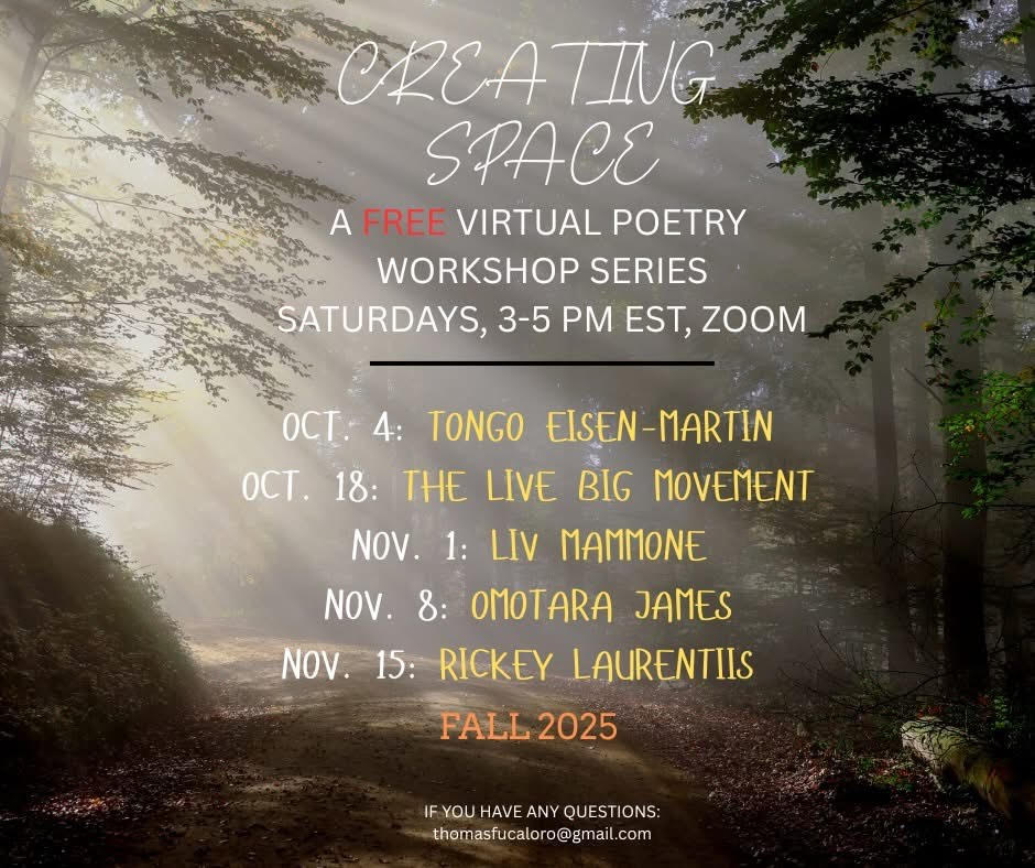 Posted @withregram • @thomasfucaloro We are back, next Saturday, on October 18th at 3 pm EST with the The Live Big Movement facilitating our wonderful, FREE, workshop series.

If you haven’t registered yet, please do so here: https://docs.google.com/forms/d/e/1FAIpQLSeQc5jBLVByDLQsaHKqjgwJsoW-3J505juQg9KTKVGofExyNA/viewform?vc=0&c=0&w=1&flr=0

Here’s a bit about our facilitators:

The Live Big Movement Collective is a creative collective founded in 2017 by Vanessa Chica Ferreira, Karina Guardiola-Lopez, and Rebeca Lois Lucret. Originating from their personal experiences of living in marginalized bodies, the Collective began by writing about how they navigate the world and amplifying those narratives. Over time, their work has expanded to include facilitating writing workshops, developing plays, performing and reading original works, serving as panelists, and creating spaces for authentic storytelling.

The Live Big Movement Collective envisions a world where every-body is celebrated, every voice is heard, and every story matters. Rooted in radical self-love, fat liberation, and creative expression. The Collective works to dismantle oppressive narratives and reimagine a future where people live unapologetically and joyfully in their truth. Through art, activism, and community, they honor vulnerability, uplift voices, and spark collective healing, living boldly while inviting others to embrace their bodies and the power of shared stories.

#creatingspace #poets #poetry #poem #saturday #workshops #free #community @rickeylaurentiis @live_big_girl @rebeca_lois_ @kglopez_ @vanessachicawrites @mammoneliv @omotarajames @thomasfucaloro